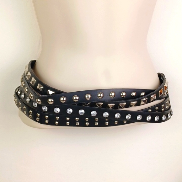 Edgy Strappy Silver Studded Black Faux Leather Rhinestone Ante-Upper Belt - Picture 9 of 9